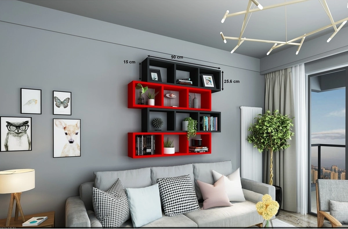 Kitaplık Lux Yatay Duvar Rafı Kırmızı Siyah 4 Lü Takım Kırmızı Siyah