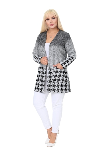 Melsay Butik Açık Gri Kazayağı Desen Kısa Büyük Beden Kadın Hırka Gri