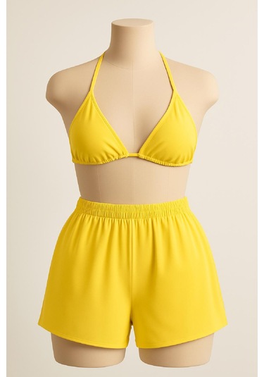 Kadın Sarı Şortlu Belden Ve Boyundan Bağlamalı Bikini Takımı Sarı