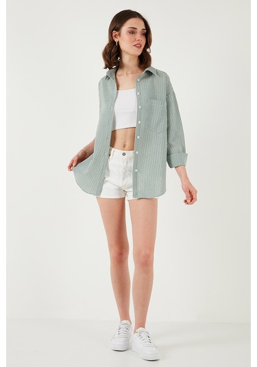 Lela Regular Fit Uzun Kollu Cepli Çizgili Bayan Gömlek 6772895 Yeşil