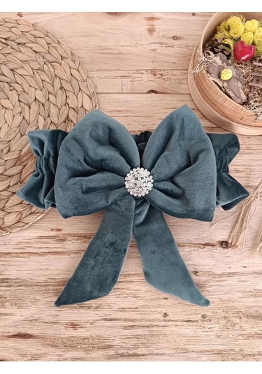 Yenidoğan Saray Kadife Taç Nakışlı İnci Fiyonklu Dantel Duvak Trilüks Kundak Bebek Battaniye Yeşil Yeşil