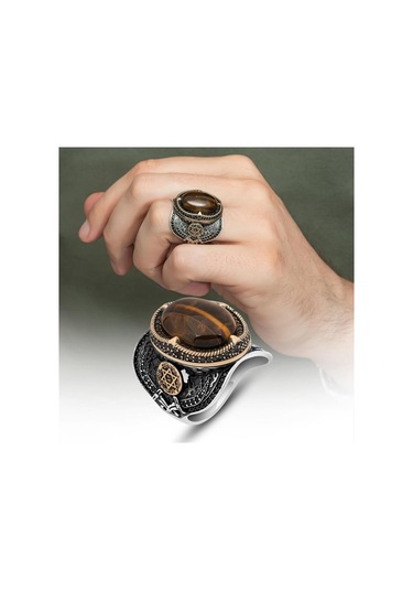 Kaplan Gözü Taşlı Süleyman Mührü 925 Gümüş Erkek Yüzük Beyaz