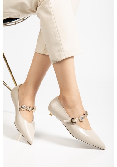 Kadın Kısa Topuklu Aykkabı Bej Rugan Baretli Minik Ökçe-4324 Bej