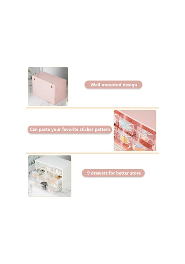 Dofolink Plastik 9 Bölmeli Çekmeceli Organizatör Kutusu - Toz Koruma, Parça Saklama, Pembe Renk Pembe