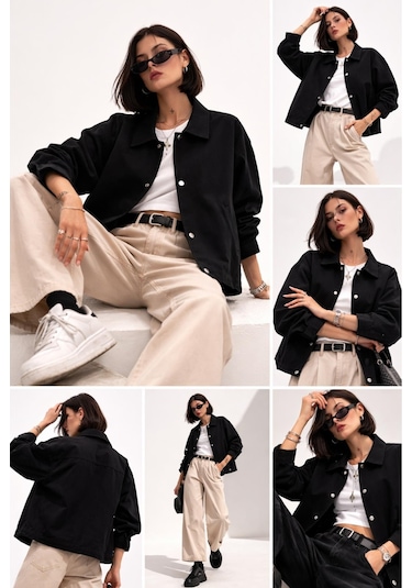 Kadın Oversize Basic Gabardin Mevsimlik Polo Yaka Ceket-385 Siyah