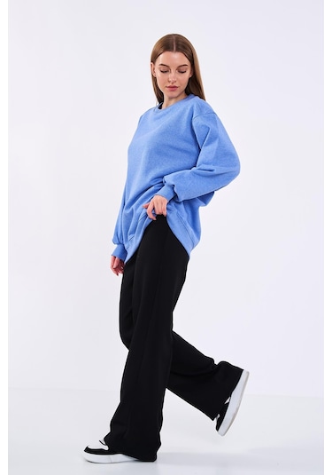 Comeor Mavi Kadın Pamuklu Oversize Basic Bisiklet Yaka Sweatshirt 001