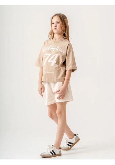 Kız Çocuk Pamuklu 74 Yazılı Şortlu Takım-15886 Bej