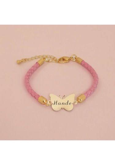 Archin Hande İsmine Özel Doğal Pembe Derili Kelebek Motifli 14 Ayar Altın Plakalı Hediye Bileklik-429isim Hande