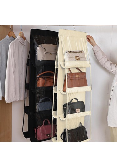 Hfambition Bej 4 Katlı 8 Cepli Çanta Düzenleyici, Duvar Takılı Gardırop Organizasyonu, Transparent Pencereli, Dayanıklı Non-woven Malzeme İle Çanta Saklama Çantası Bej