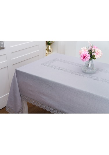 Finezza Jena Lüx Dantelli Simli Keten Kumaş Gri Masa Örtüsü  160x220 cm -1470