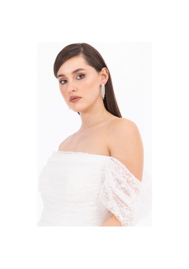 Kadın Straplez Yaka Balon Kol Dar Form Abiye Elbise - Ekru Ekru