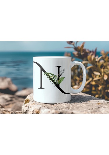N Harf Zarif Yaprak Desenli Kupa Bardak - Naturel Sade Alfabe Harfli Bardak - Kişiye Özel Hediye Beyaz