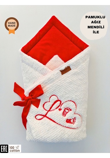 Kışlık Bebek Battaniyesi & Kundağı - Kalp Deseni İşlemeli Hastane Çıkışı Yenidoğan - Yeni Yıla Özel Ekru
