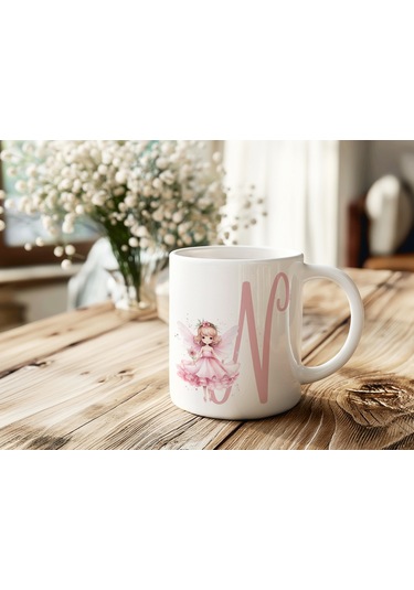 N Harfi Pembe Peri Kızı Figürlü Kupa Bardak Masalsı Çay Kahve Kupası - Kişiye Özel Hediye Beyaz