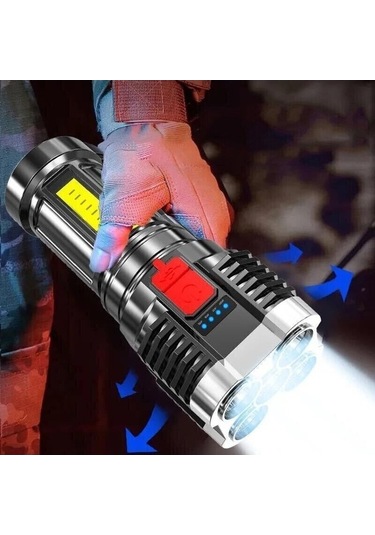 Ebitda Usb Şarjlı 4 Led + Cob Led Taktik El Feneri - Siyah - Dayanıklı Ve Parlak Aydınlatma Siyah