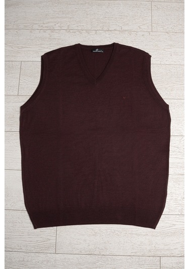 V Yaka Battal Büyük Boy Yünlü Kolsuz Triko Süveter Bordo