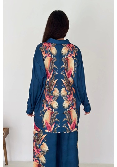 Saten Kumaş Desenli Takım Lacivert Lacivert