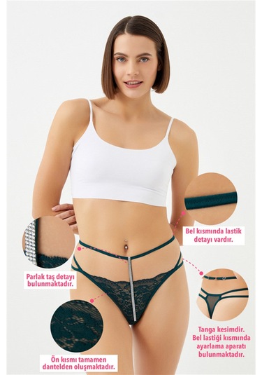 Petrol Yeşili Dantelli Taş Detaylı Ayarlanabilir Lastikli Kadın Tanga Külot