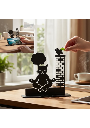 Meditasyon Yapan Kedi Ve Kuş Tasarımlı Dekoratif Metal Telefon Standı