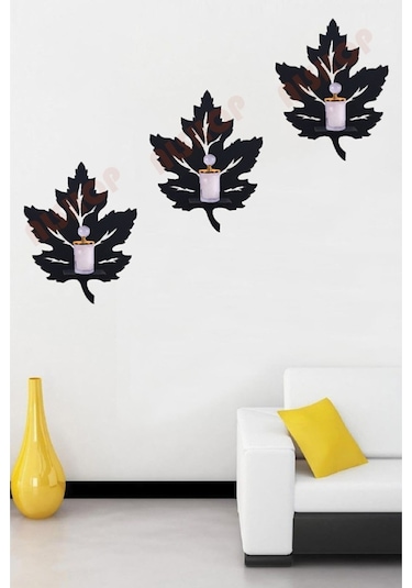 Alshop Yaprak Duvar Süsü Dekoru Rafı Mumluk Aplik Tablo 3'lü Siyah