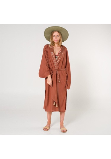 Eli Kadın Pul Baskılı Kimono-Tarçın-Standart Tarçın