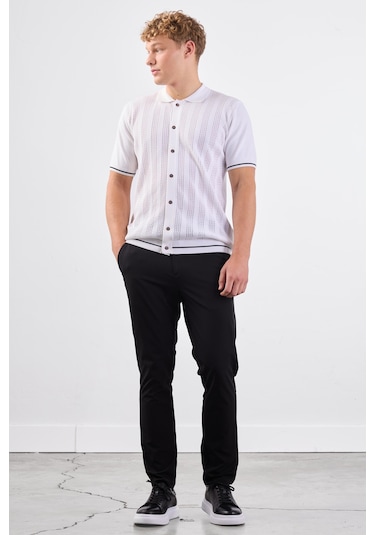 Dufy Beyaz Polo Düğmeli Fitilli Kısa Kollu Slim Fit Erkek Triko Beyaz
