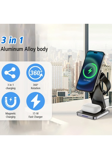 Dh11 3'ü 1 Arada Katlanabilir Şarj Standı Telefon İzle Kulaklık Çinko Alaşım Manyetik Kablosuz Şarj Cihazı Siyah