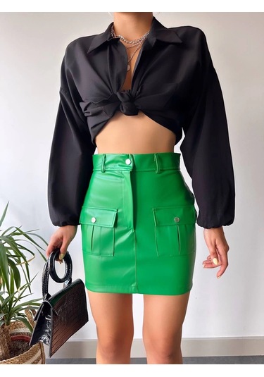 Önden İki Cepli Deri Etek Yeşil H240040 Yeşil