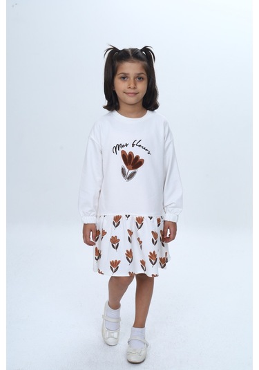 Toontoy Kız Çocuk Süzene Nakışlı Lale Baskılı Elbise Ekru