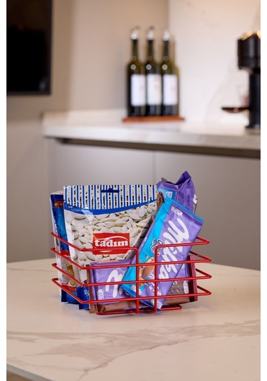 Kırmızı Çok Amaçlı Oval Köşeli Kare Sepet - Metal Paslanmaz Kırmızı