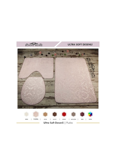 Bonny Home 3Lü Pudra Ultrasoft Desenli Klozet Takımı Paspas Seti Pudra