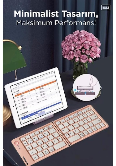 Torima TK-08 Pembe Kablosuz Katlanabilir Şarjlı Taşınabilir Mini Bluetooth Klavye