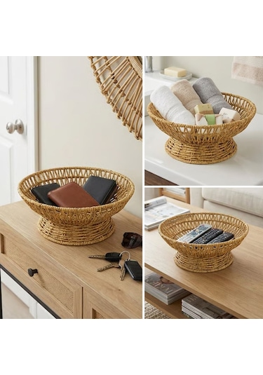 Buffer 25 Cm Plastik Rattan Servis Çanağı Doğal Hasır Görünümlü Dekoratif Meyve, Ekme Renkli