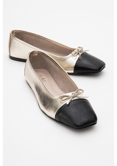 Romy Altın-siyah Cilt Hakiki Deri Küt Burunlu Fiyonklu Kadın Babet Ayakkabı Altın - Siyah