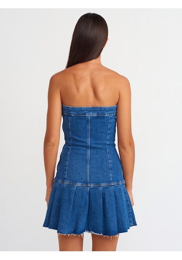 Dilvin Pileli Straplez Denim Elbise Mavi