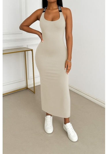 Kadın Yuvarlak Yaka Sırttan Çapraz Şerit Love Detaylı Yırtmaçlı Viskon Elbise Bej