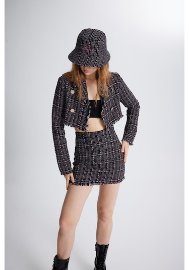 Holly Lolly Tüvit Kumaş Mini Tweed Etek Siyah