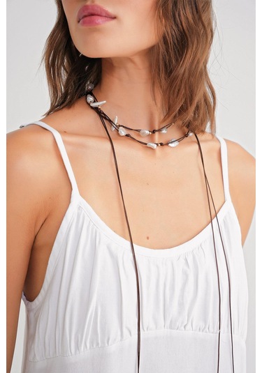 4742 Kadın İp Askılı Büzgü Detaylı Midi Elbise Beyaz Beyaz