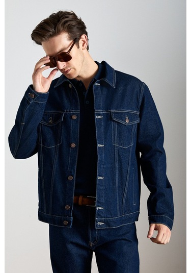 GRIMELANGE Jerıcho Erkek Rinse Denim Rahat Geniş Kesim %100 Pamuk Yüksek Kalite Kalın Dokulu Lacivert Ceket Lacivert