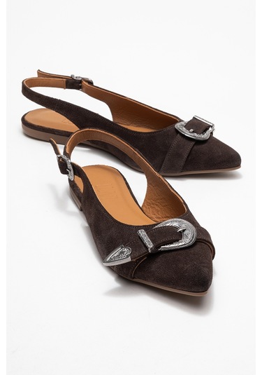 Dorothy Kahverengi Süet Hakiki Deri Tokalı Sivri Burunlu Kadın Sandalet Kahverengi