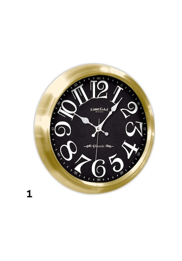 Altın Renkli Metal Çerçeveli Salon Siyah Duvar Saati 34 cm Altın