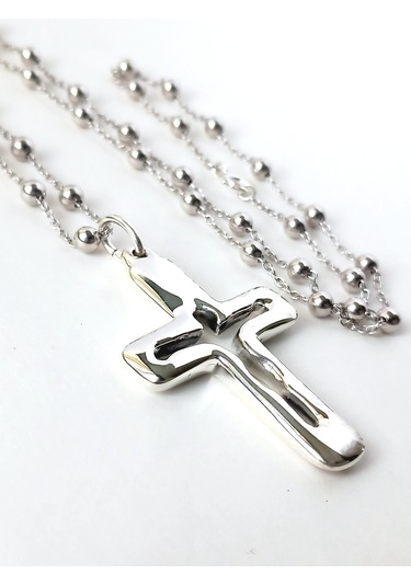 Top Zincirli Bombe Haç Silüet Tasarım Gümüş Erkek Kolye