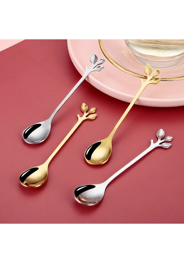 Neevoyu Evde Kullanalım Yeşil Yaprak Desenli Paslanmaz Çelik Kahve Kaşığı, Tatlı Çatalı, Ev Çamaşırı Servis Takımı - Altın Renkli Estetik Spoon Fork Seti Altın