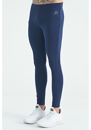 Tommy Life İndigo Arka Bilek Baskı Detaylı Yüksek Bel Slim Fit Aktif Spor Erkek Tayt - 84988 İndigo