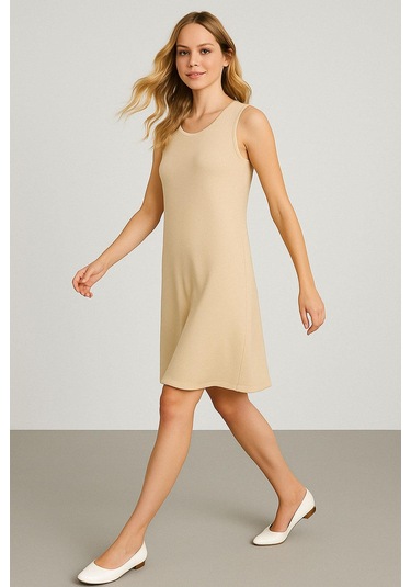 Modal Kumaş Rahat Kalıp Basic Günlük Elbise Bej