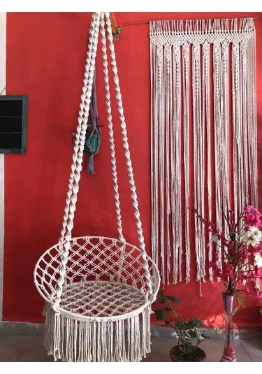 Makrome Özel Örgü Burgu Halatlı Salıncak Hamak Ekru