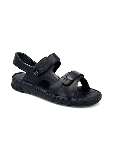 Kindep Tardelli Hakiki Deri Günlük Erkek Sandalet Siyah Siyah