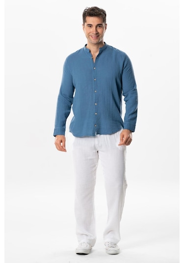Uzun Kol Hakim Yaka Erkek Müslin Yazlık Gömlek İndigo İndg-indigo İndigo