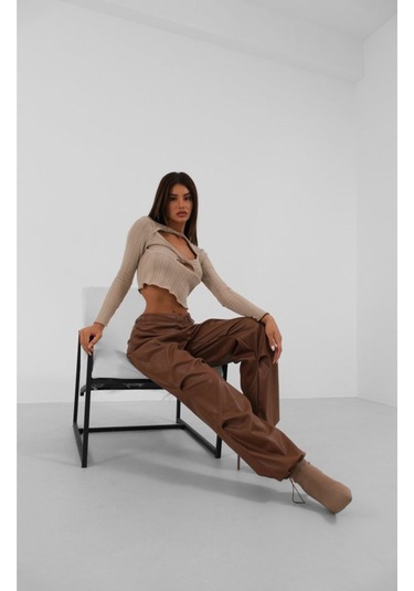 Bel Lastikli Deri Pantolon Kahverengi