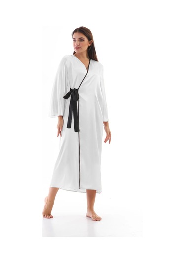 Laperissa Kadın Beyaz Saten Sabahlık Kuşaklı Siyah Biyeli Şık Ev Giyim Beyaz